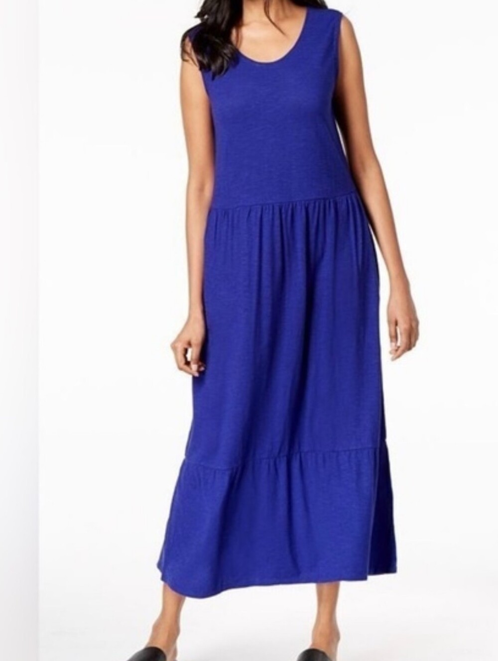 Eileen Fisher Dress XS Blue Hemp Cotton Tiered Midi Sleeveless Slub Knit Pockets